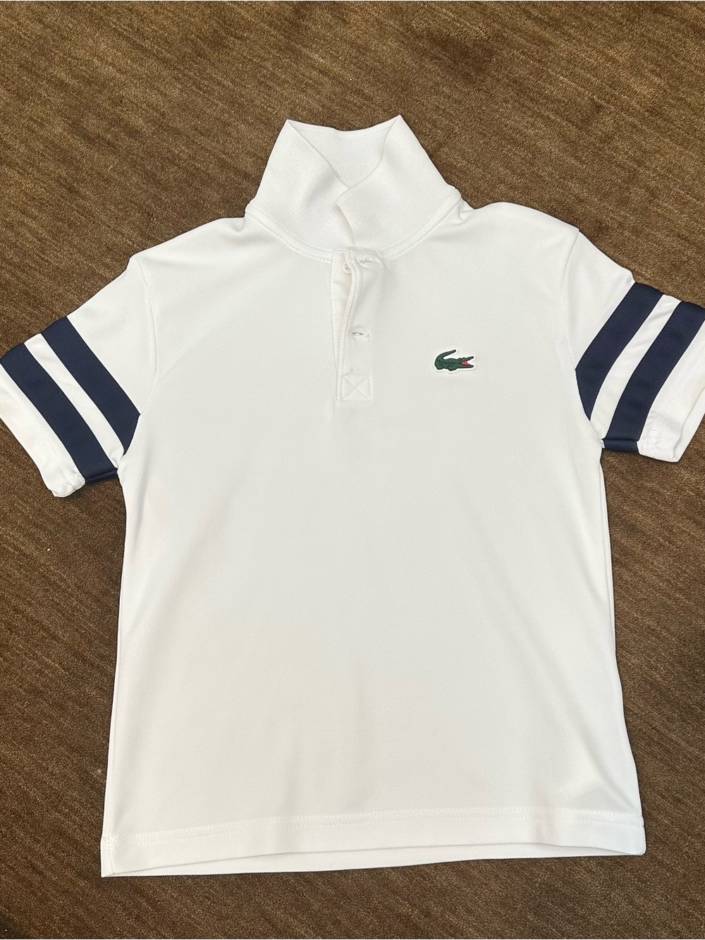Lacoste White Polo with Navy Double Sleeve Stripes